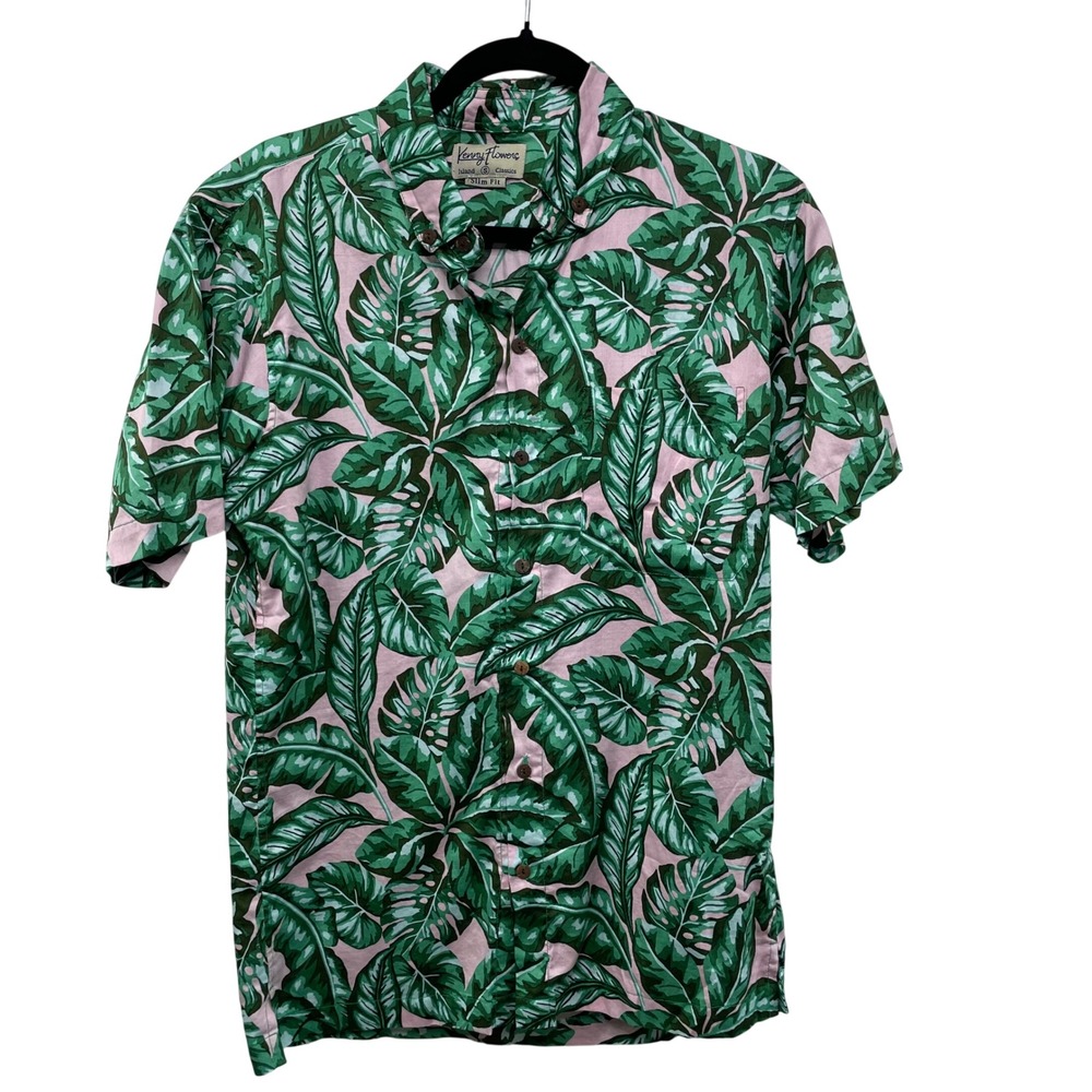 Kenny Flowers Island Mens Small Slim Fit Pink Green Tropical Leaf Shirt Hawaiian